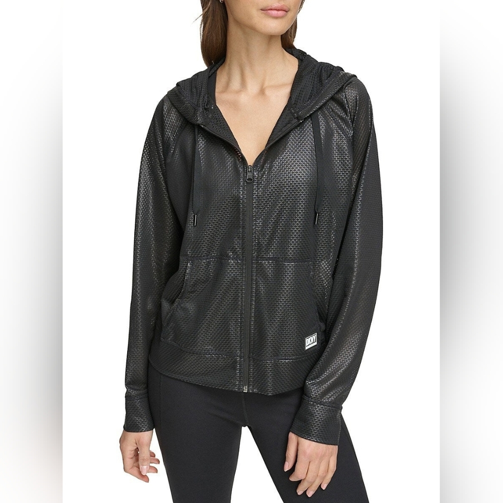DKNY Sport Women's Chintz Honeycomb Mesh Full-Zip Hoodie Black Size L NWT